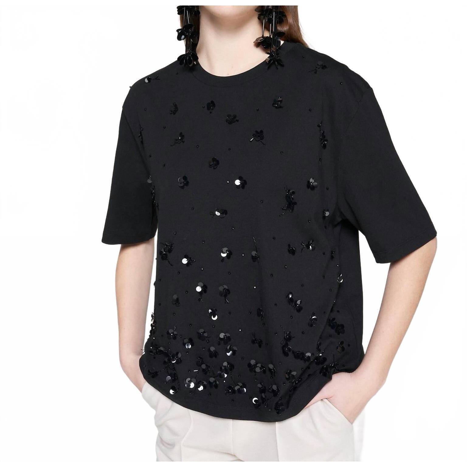New Vilagallo Floral Sequins T-Shirt In Black